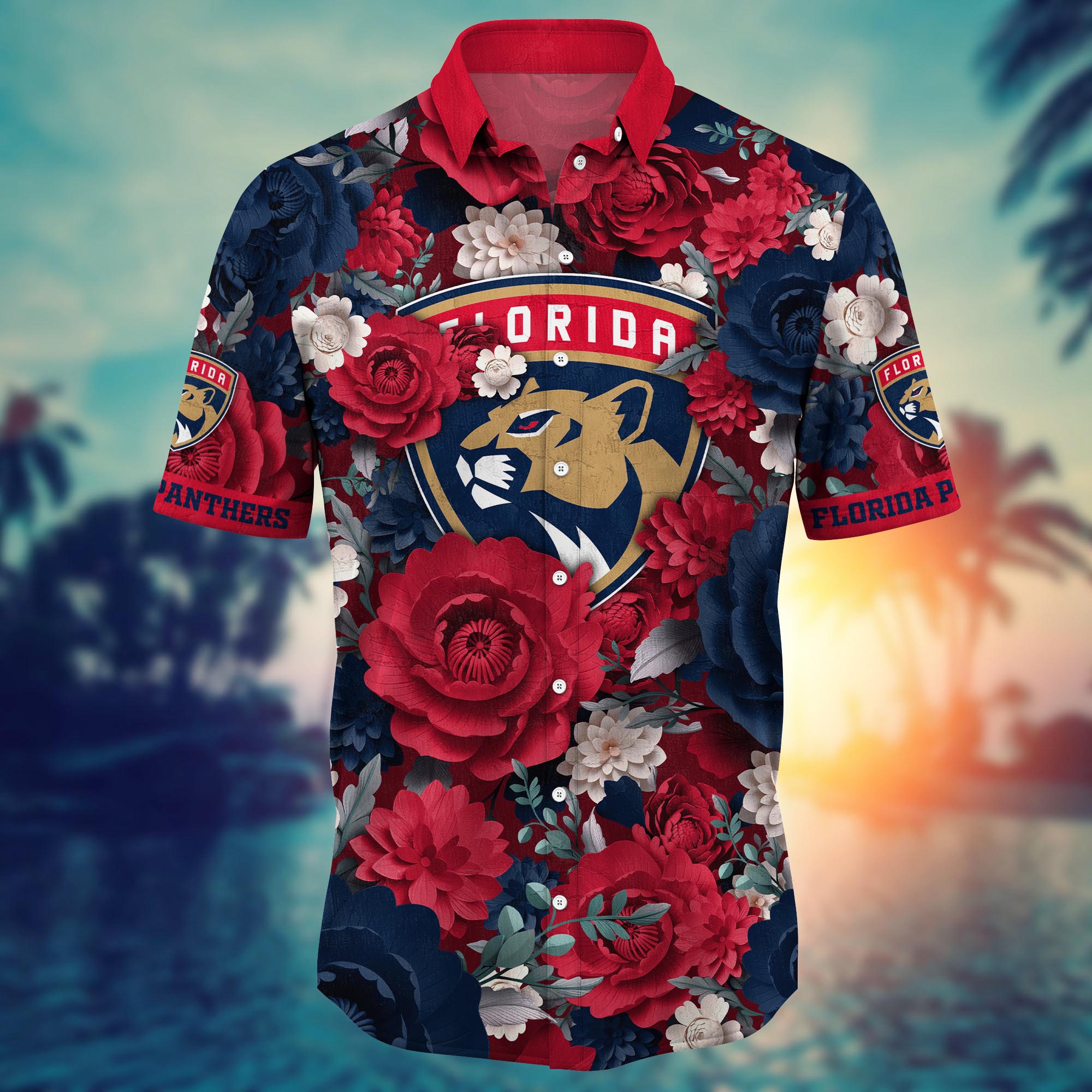Florida Panthers Scarlet Bloom Hawaiian Shirt – TeeAloha Florida Panthers Scarlet Bloom Hawaiian Shirt – TeeAloha