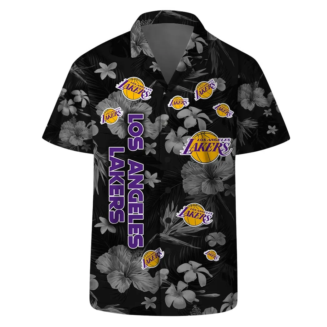 Los Angeles Lakers Black Blossom Hawaiian Shirt – TeeAloha Los Angeles Lakers Black Blossom Hawaiian Shirt – TeeAloha