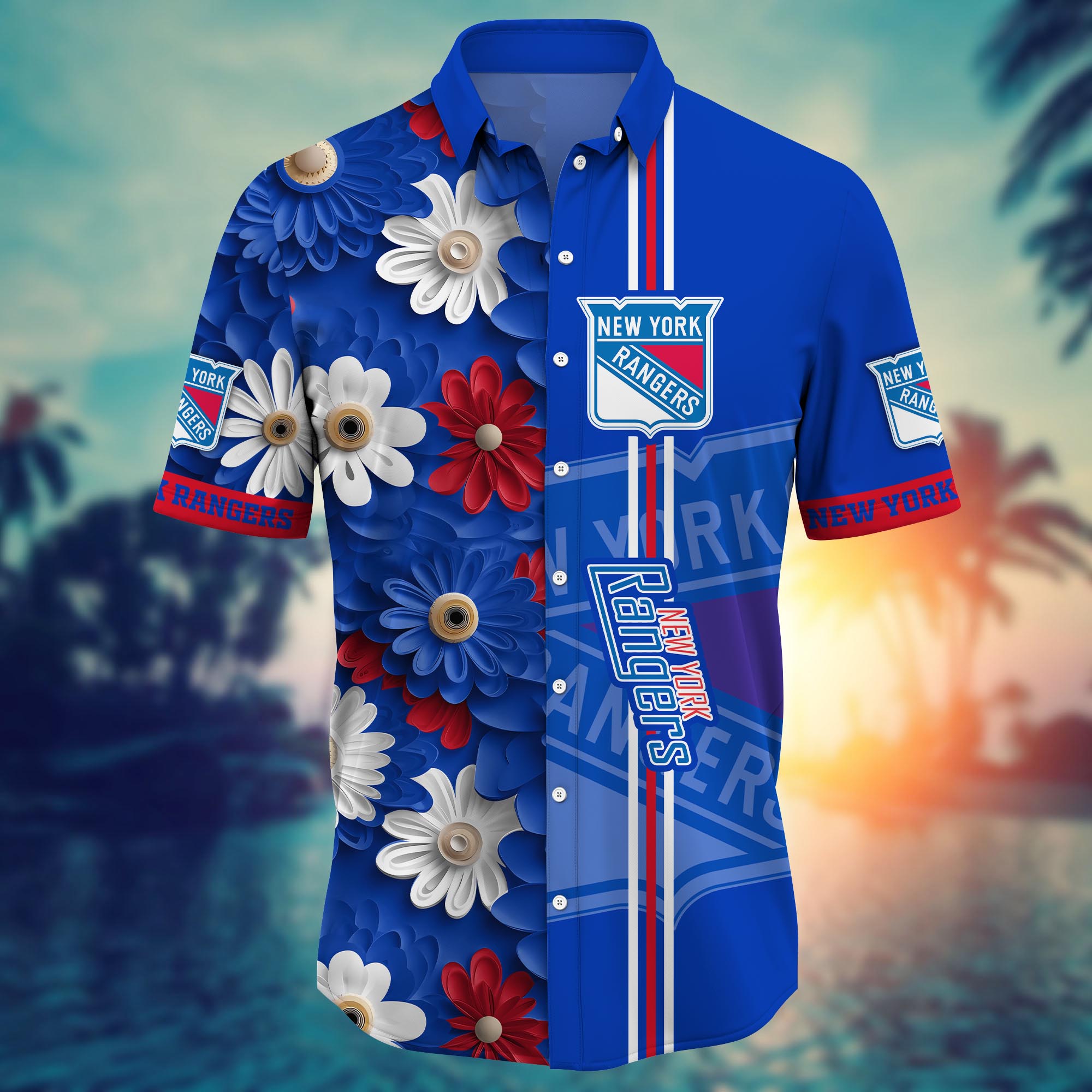 New York Rangers Floral Breeze Hawaiian Shirt – TeeAloha New York Rangers Floral Breeze Hawaiian Shirt – TeeAloha