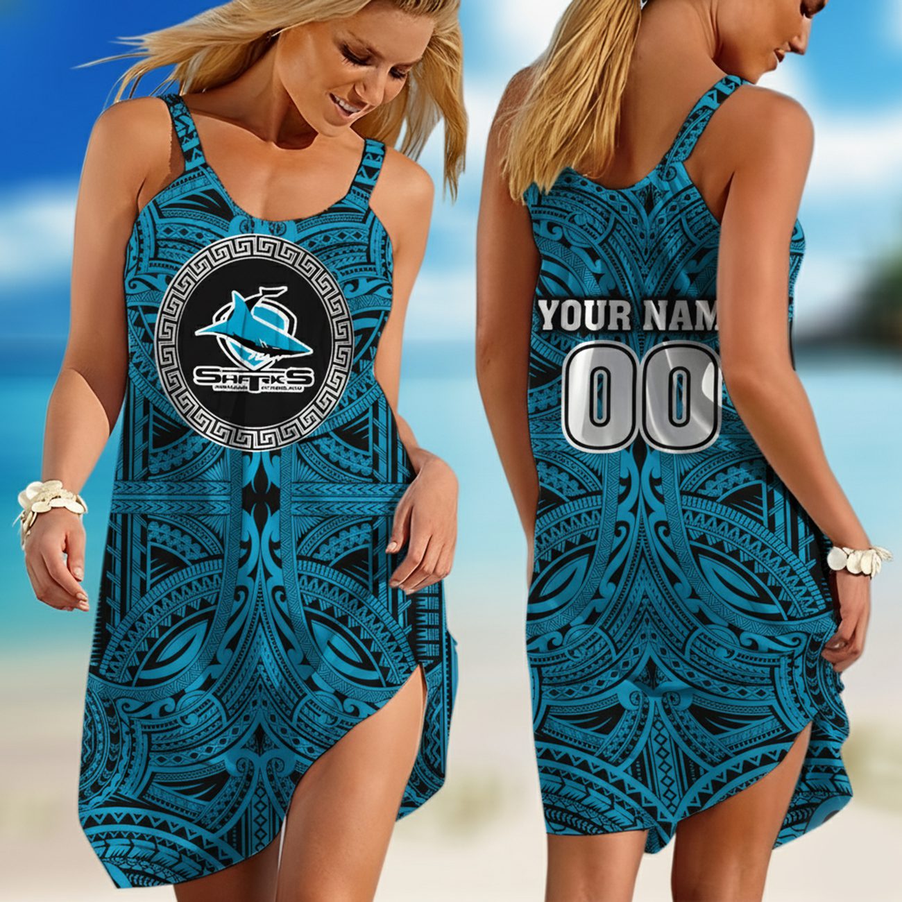 Personalized Cronulla-Sutherland Sharks NRL Polynesian Sleeveless Summer Beach Sundress for Women Personalized Cronulla-Sutherland Sharks NRL Polynesian Sleeveless Summer Beach Sundress for Women