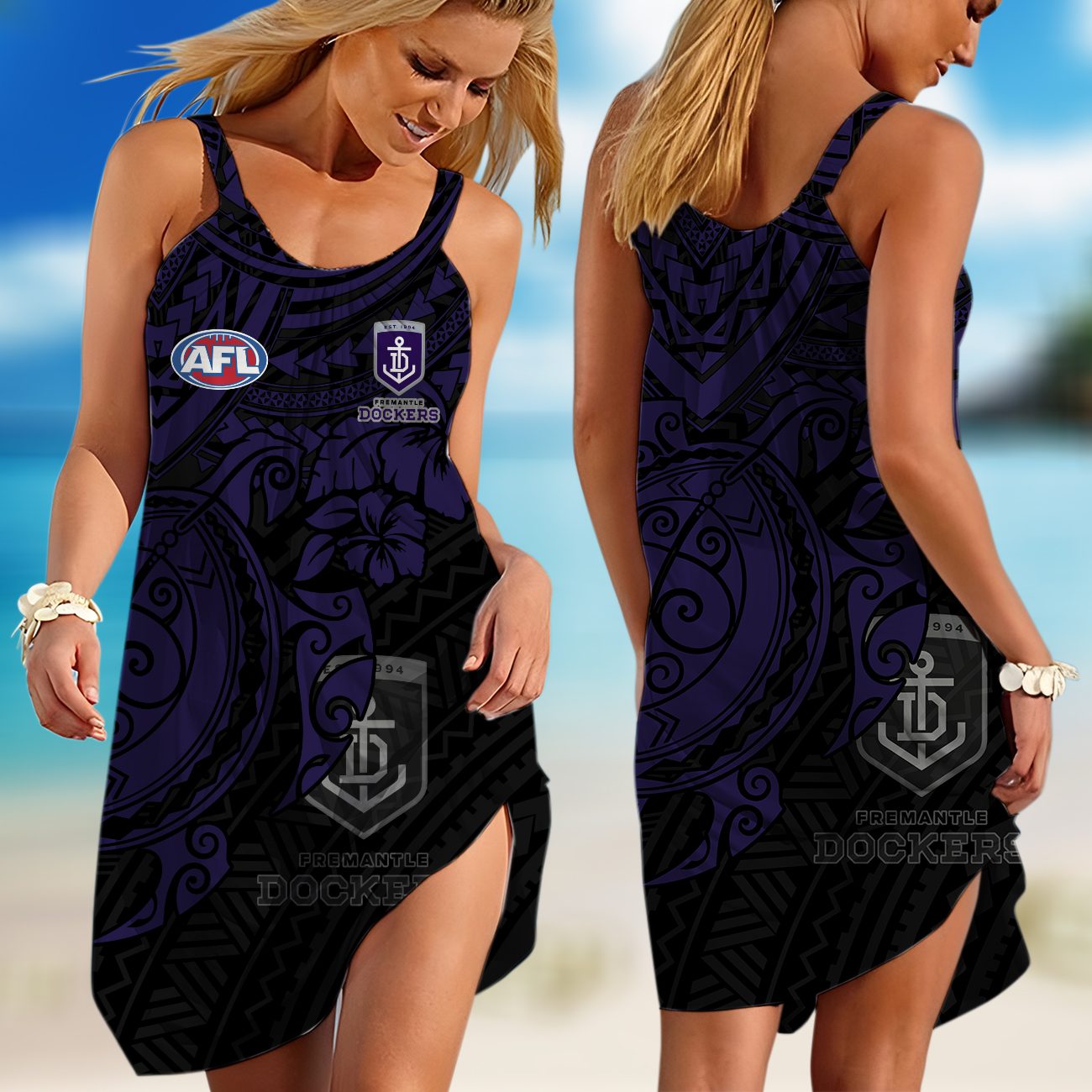 AFL Fremantle Dockers Polynesian Sleeveless Summer Beach Sundress for Women AFL Fremantle Dockers Polynesian Sleeveless Summer Beach Sundress for Women