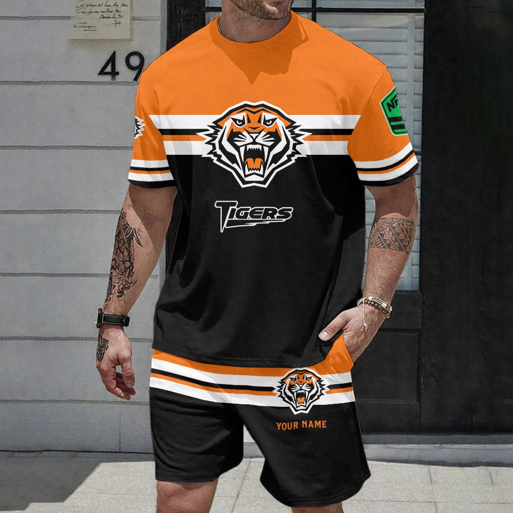 NRL Wests Tigers T-shirt And Shorts Set Custom Name Gifts For Footy Fans NRL Wests Tigers T-shirt And Shorts Set Custom Name Gifts For Footy Fans