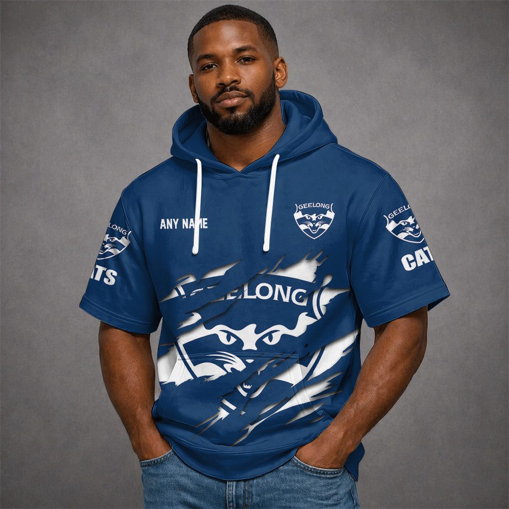 Geelong Cats AFL Custom name Short Sleeves Hoodie v1 Geelong Cats AFL Custom name Short Sleeves Hoodie v1