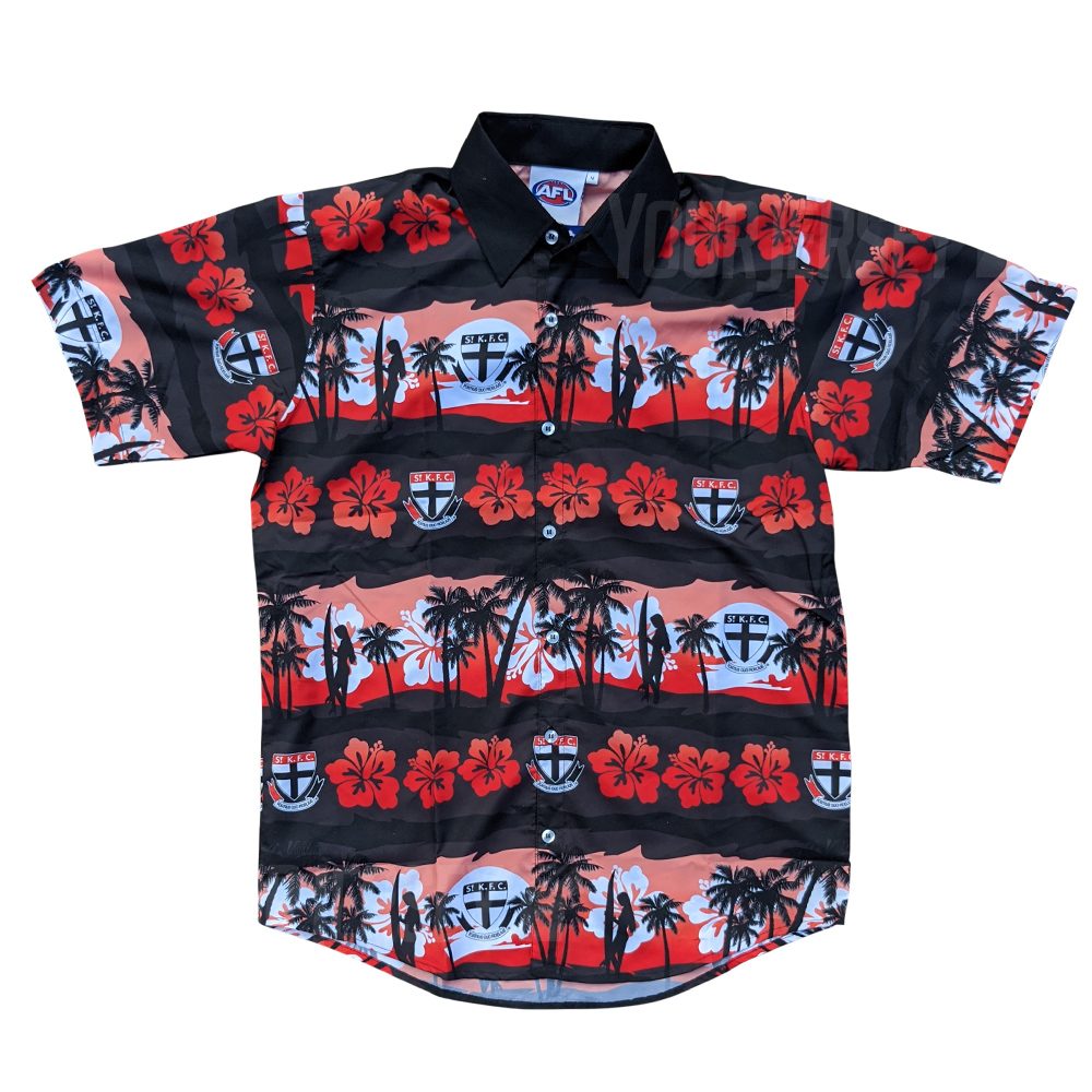 AFL St Kilda Saints Custom Name Number Black Hawaiian Shirt AFL St Kilda Saints Custom Name Number Black Hawaiian Shirt
