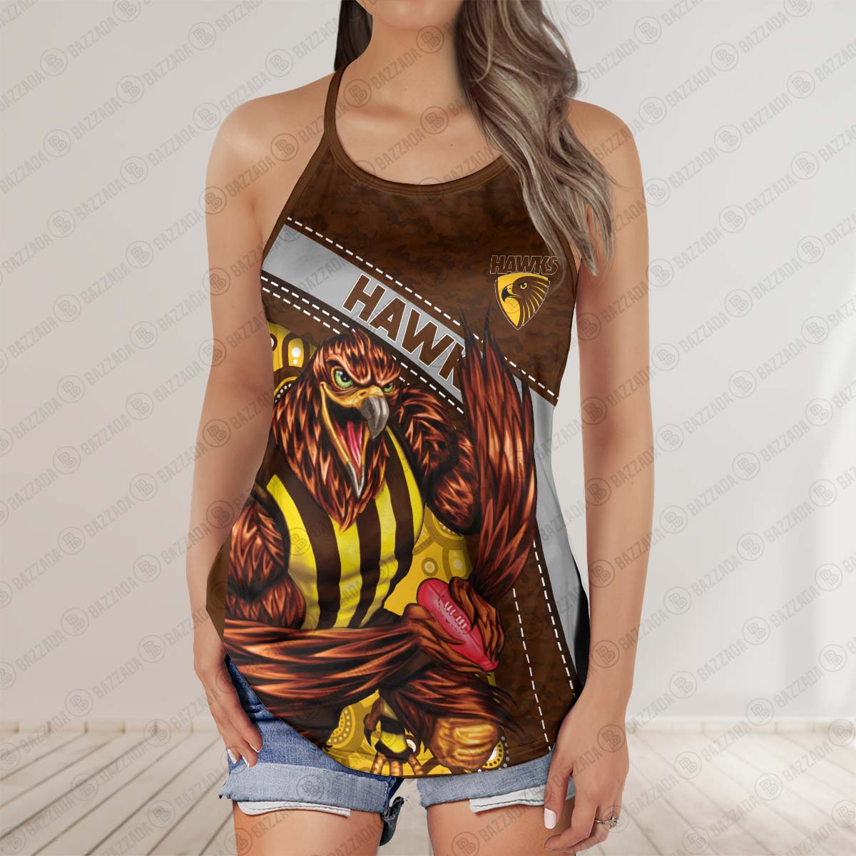 Hawthorn Hawks Women’s Criss Cross Tanktop ? Bold & Sporty Hawthorn Hawks Women’s Criss Cross Tanktop ? Bold & Sporty