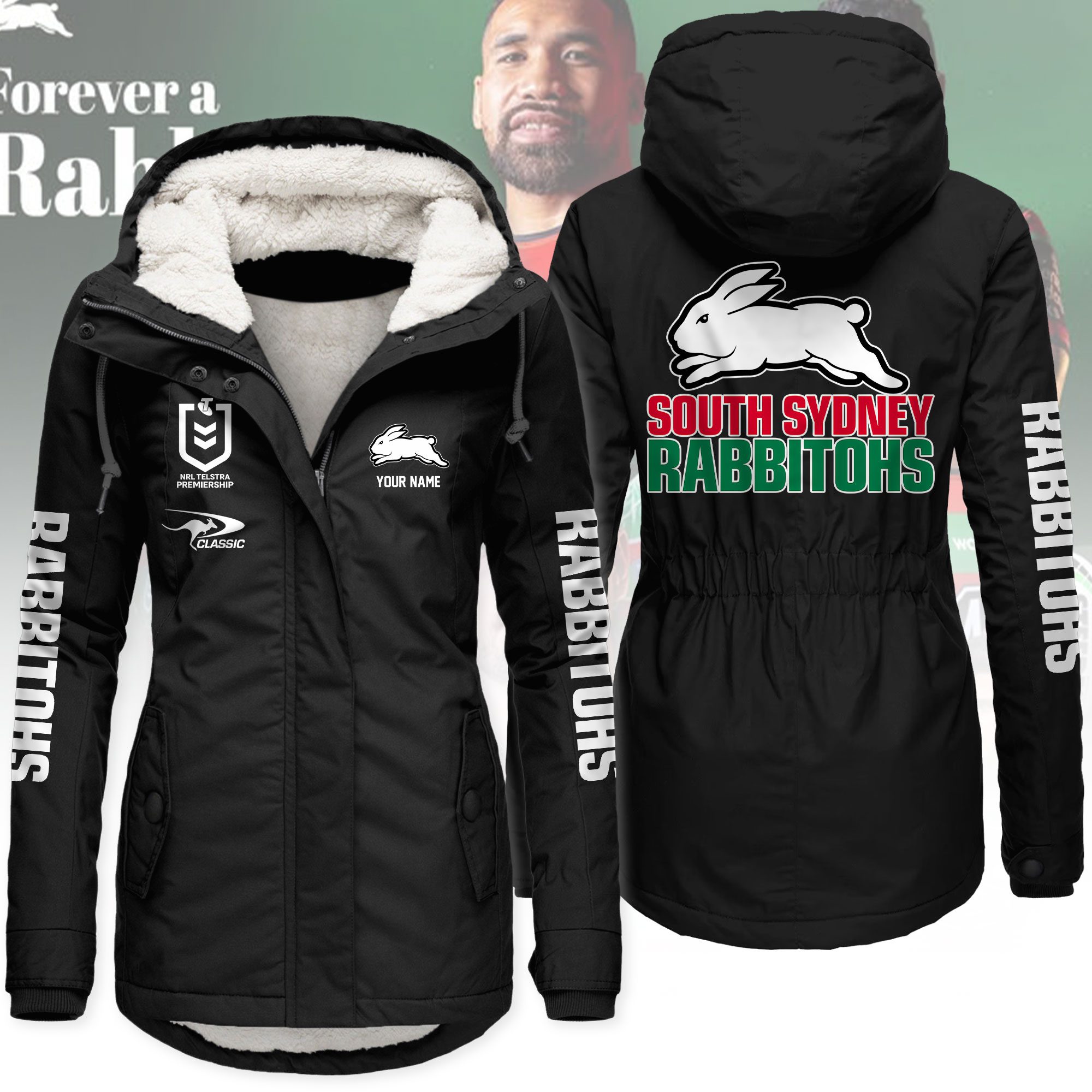 South Sydney Rabbitohs Women’s Hooded Lined Thick Trench Coat – Warm Winter Jacket South Sydney Rabbitohs Women’s Hooded Lined Thick Trench Coat – Warm Winter Jacket