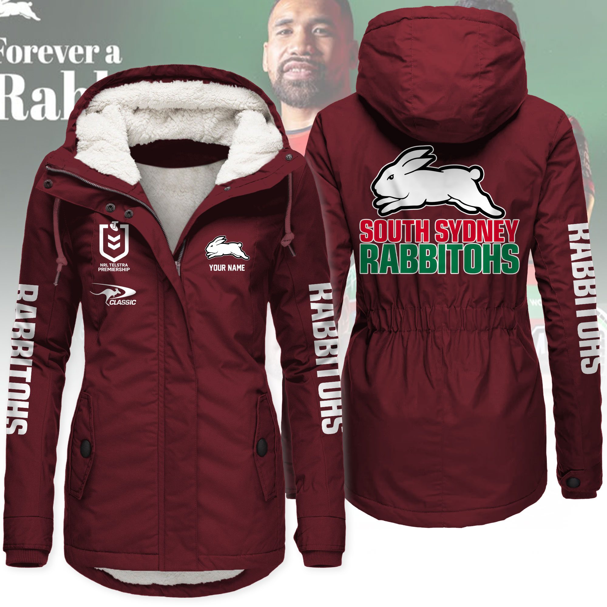 South Sydney Rabbitohs Women’s Hooded Lined Thick Trench Coat – Warm Winter Jacket South Sydney Rabbitohs Women’s Hooded Lined Thick Trench Coat – Warm Winter Jacket