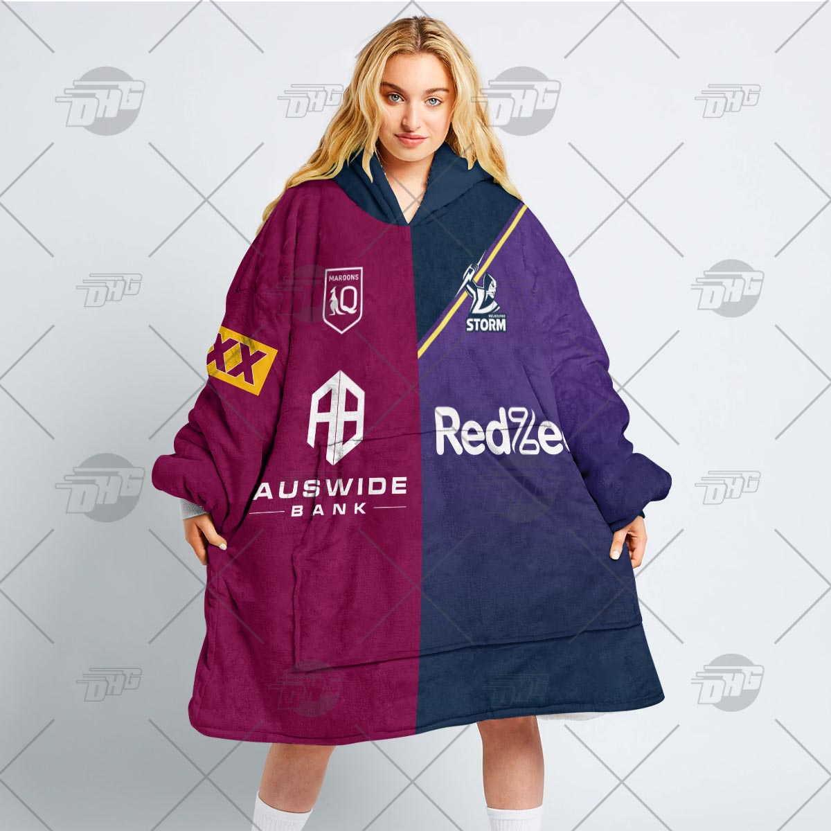 Personalise QLD Maroons To NRL Melbourne Storm Half and Half Split Jersey 2022 oodie blanket hoodie snuggie Personalise QLD Maroons To NRL Melbourne Storm Half and Half Split Jersey 2022 oodie blanket hoodie snuggie