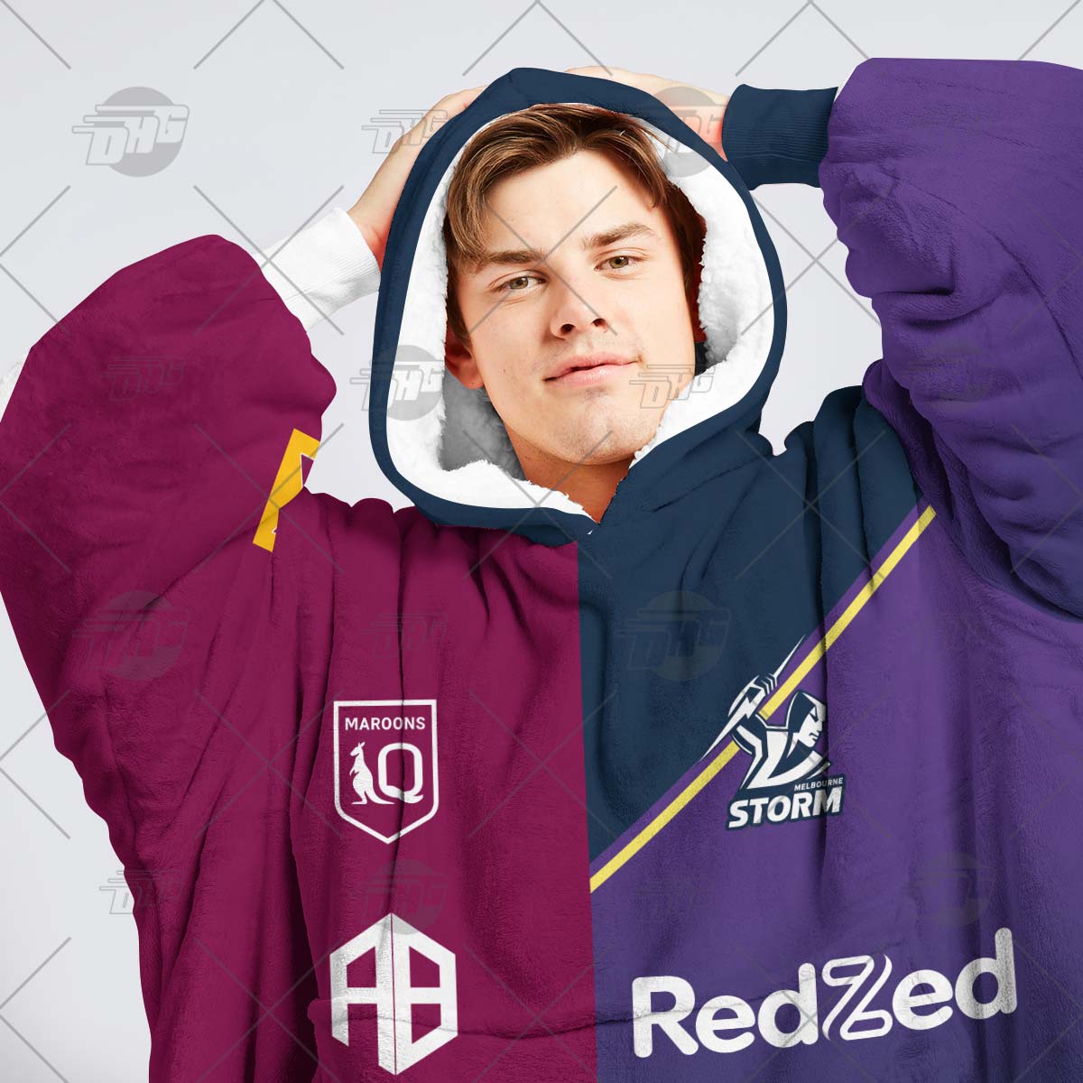 Personalise QLD Maroons To NRL Melbourne Storm Half and Half Split Jersey 2022 oodie blanket hoodie snuggie Personalise QLD Maroons To NRL Melbourne Storm Half and Half Split Jersey 2022 oodie blanket hoodie snuggie