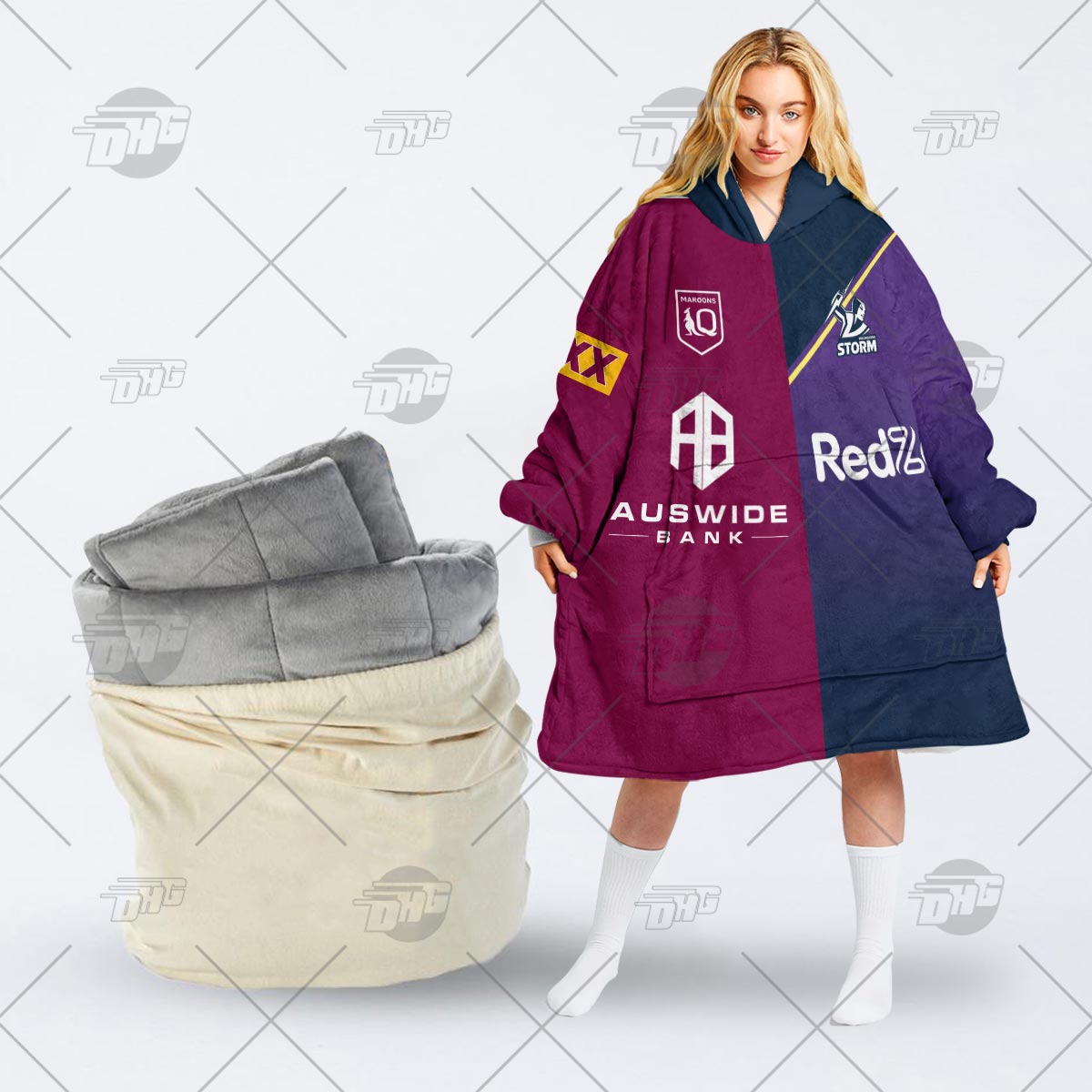 Personalise QLD Maroons To NRL Melbourne Storm Half and Half Split Jersey 2022 oodie blanket hoodie snuggie Personalise QLD Maroons To NRL Melbourne Storm Half and Half Split Jersey 2022 oodie blanket hoodie snuggie