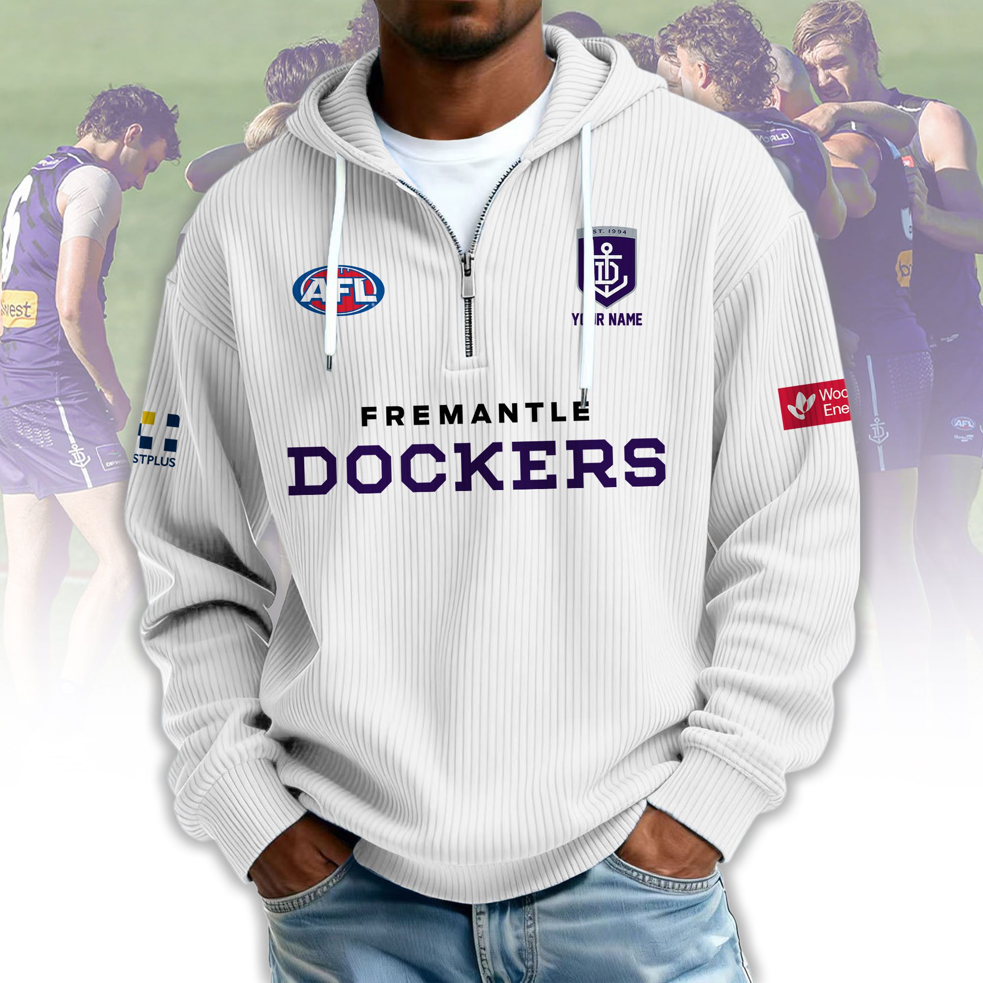 Fremantle Dockers AFL Custom name Popcorn Texture Half Zip Sweatshirt v1 Fremantle Dockers AFL Custom name Popcorn Texture Half Zip Sweatshirt v1