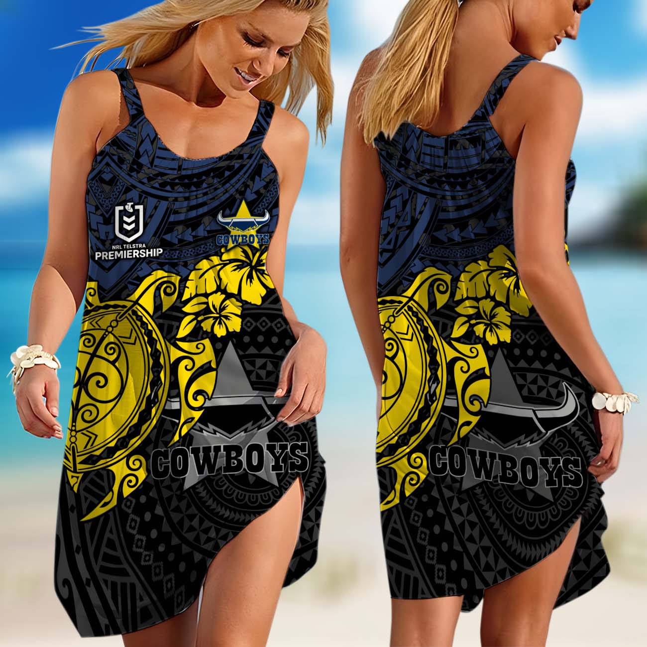 NRL North Queensland Cowboys Polynesian Sleeveless Summer Beach Sundress for Women NRL North Queensland Cowboys Polynesian Sleeveless Summer Beach Sundress for Women