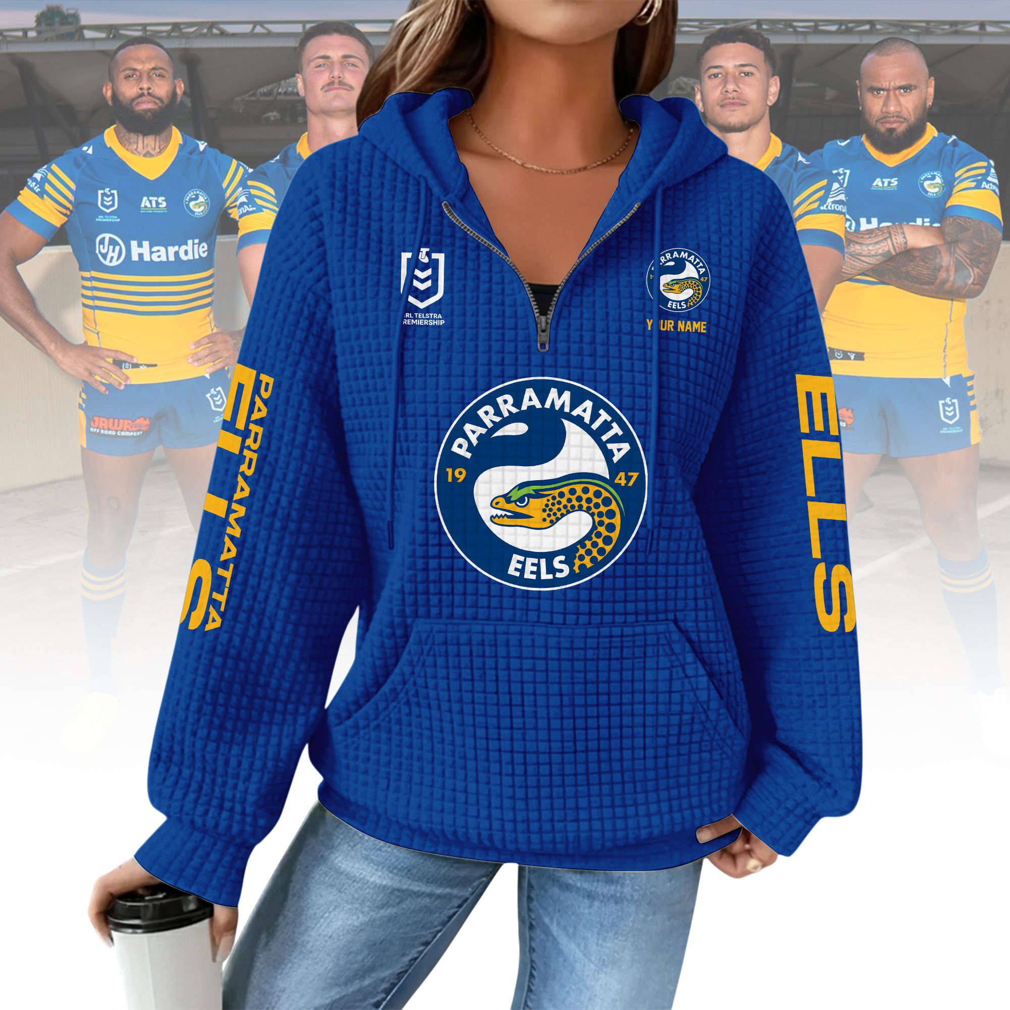 NRL Parramatta Eels Woman Waffle Knit Quarter Zip Hooded Sweatshirt – Casual Solid Long Sleeve Pullover Hoodie with Zipper 012 NRL Parramatta Eels Woman Waffle Knit Quarter Zip Hooded Sweatshirt – Casual Solid Long Sleeve Pullover Hoodie with Zipper 012