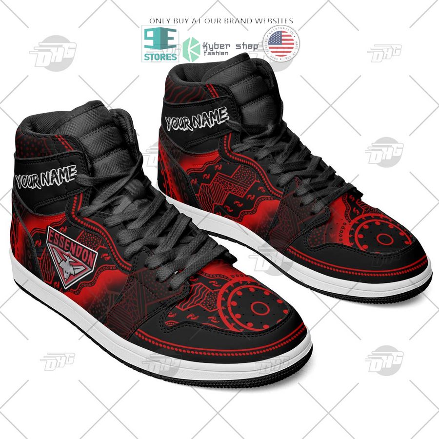 AFL Essendon Bombers Custom Name Indigenous Air Jordan 1 High Sneakers AFL Essendon Bombers Custom Name Indigenous Air Jordan 1 High Sneakers