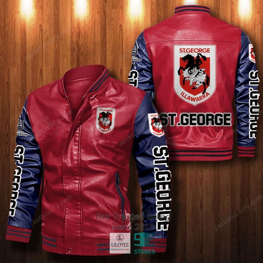 NRL St. George Illawarra Dragons Red Navy Blue Leather Bomber Jacket NRL St. George Illawarra Dragons Red Navy Blue Leather Bomber Jacket