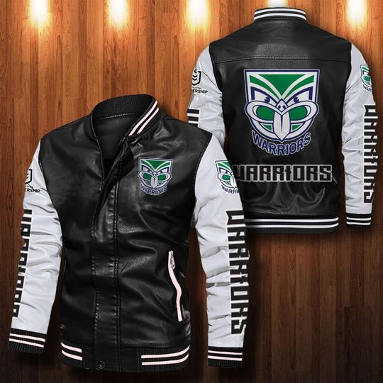 NRL New Zealand Warriors Black White Leather Bomber Jacket NRL New Zealand Warriors Black White Leather Bomber Jacket