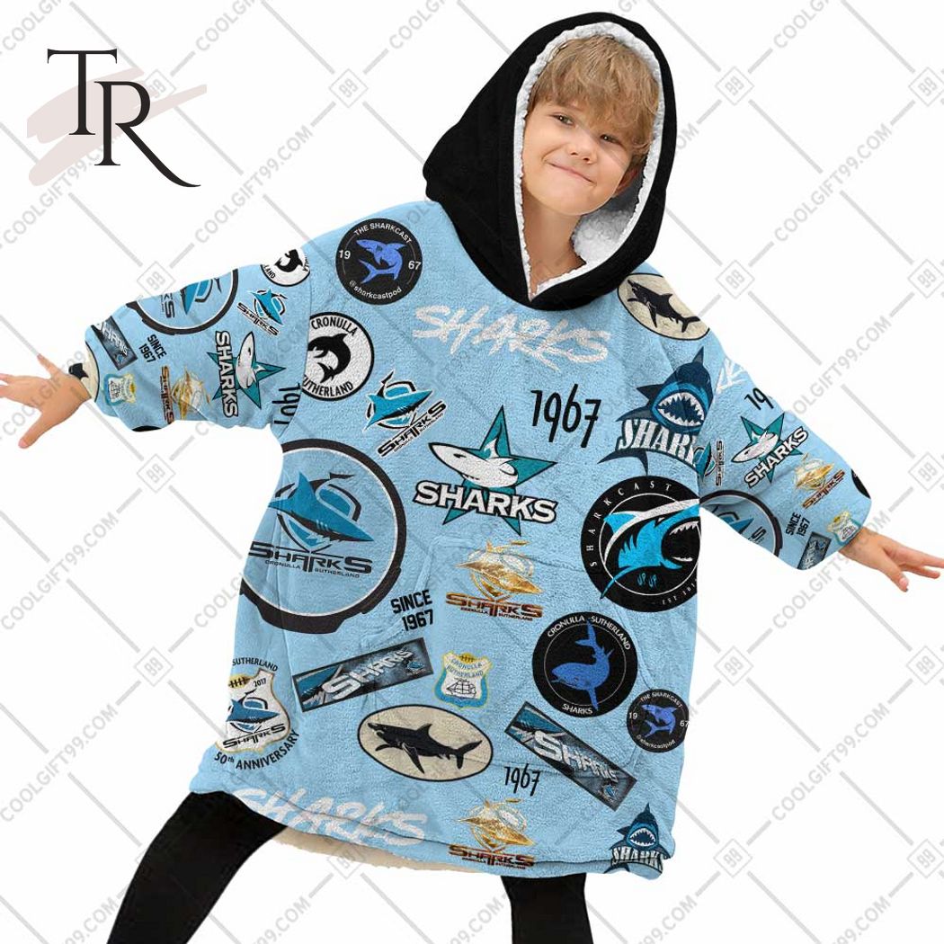 NRL Cronulla Sutherland Sharks Season Logo Fleece Blanket Hoodie | Soulcals NRL Cronulla Sutherland Sharks Season Logo Fleece Blanket Hoodie | Soulcals