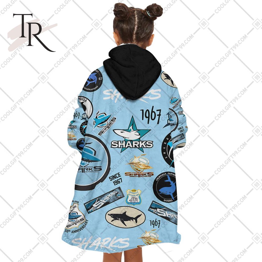 NRL Cronulla Sutherland Sharks Season Logo Fleece Blanket Hoodie | Soulcals NRL Cronulla Sutherland Sharks Season Logo Fleece Blanket Hoodie | Soulcals