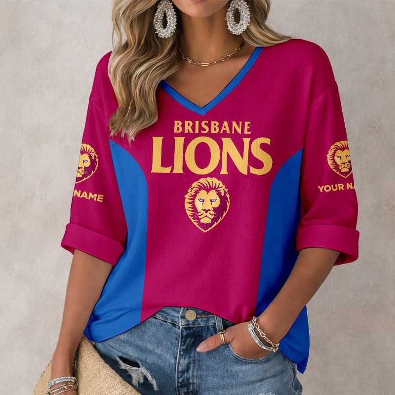 AFL Brisbane Lions Custom Name Long Sleeves V-neck Shirt v1 AFL Brisbane Lions Custom Name Long Sleeves V-neck Shirt v1