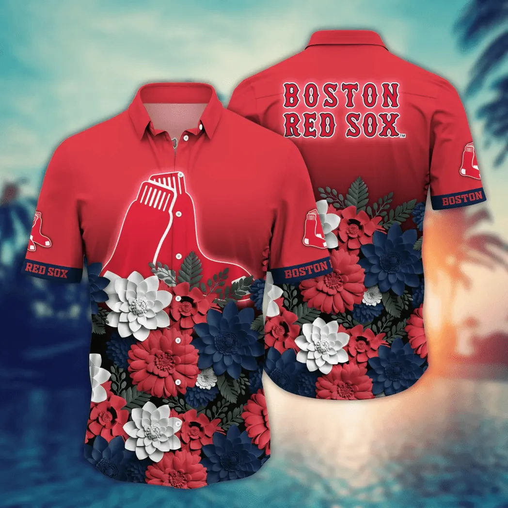 Boston Red Sox Bold Blossom Fade Hawaiian Shirt