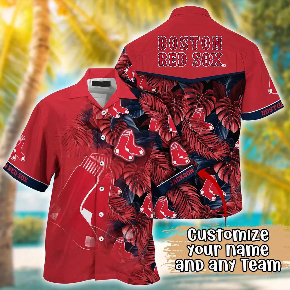 Boston Red Sox Custom Leaf Pattern Hawaiian Shirt