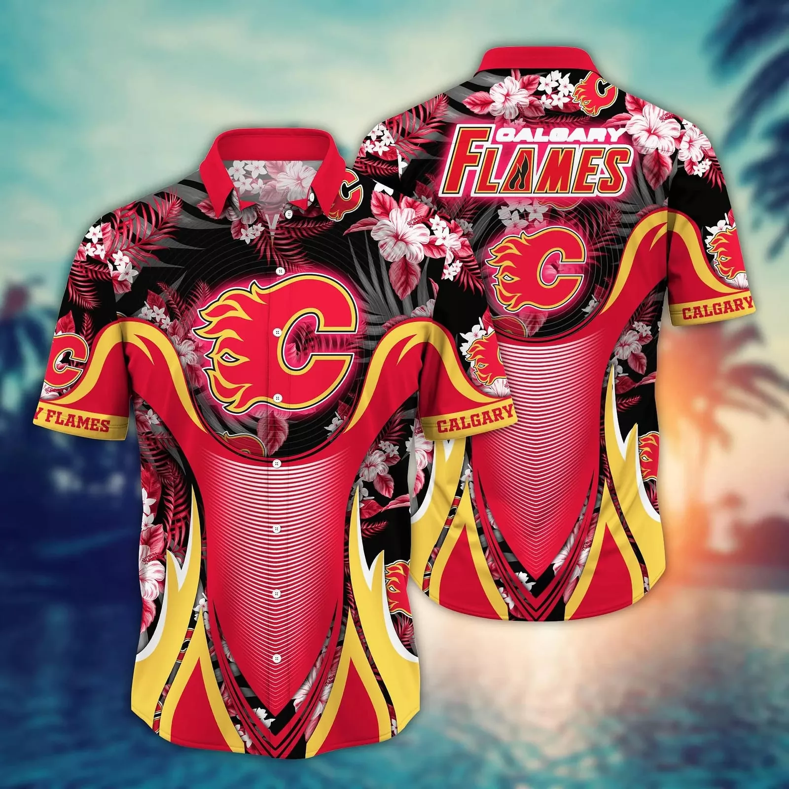 Calgary Flames Hibiscus Wave Hawaiian Shirt