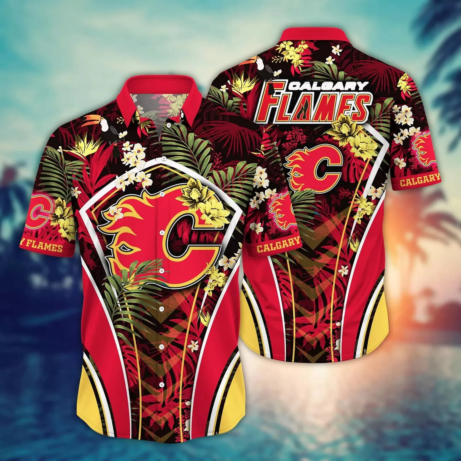 Calgary Flames Jungle Bloom Hawaiian Shirt