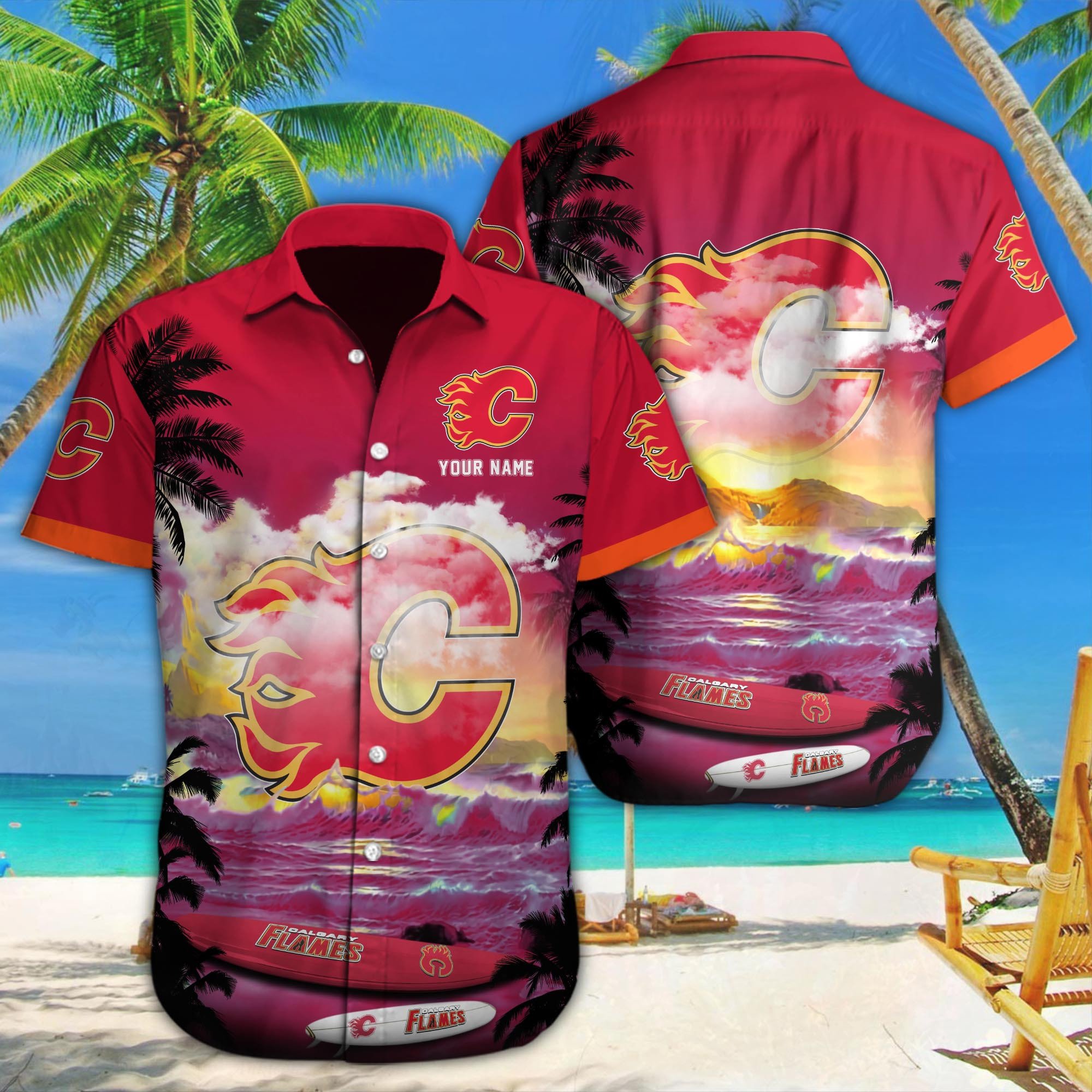 Calgary Flames Sunset Wave Hawaiian Shirt