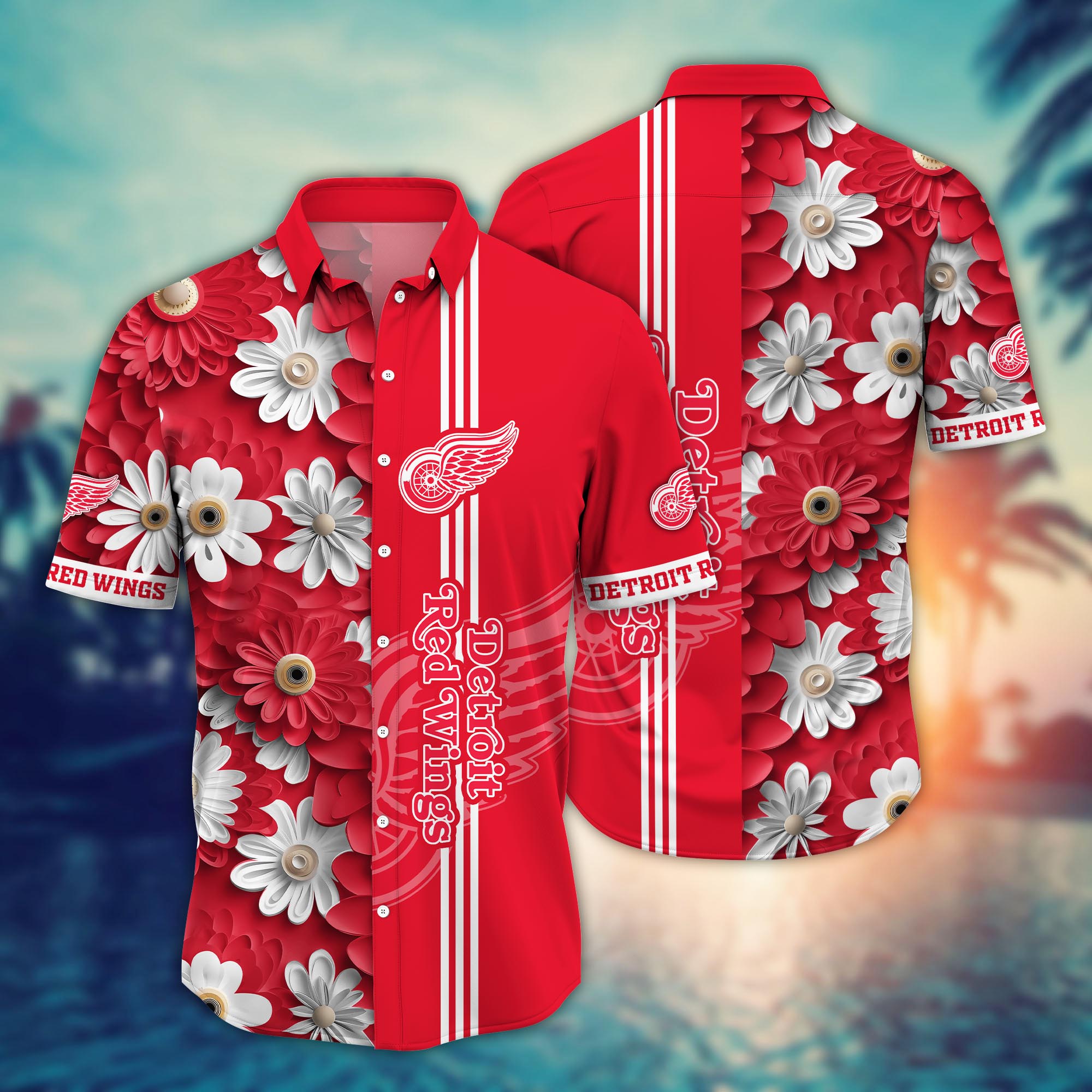 Detroit Red Wings Daisy Stripe Hawaiian Shirt
