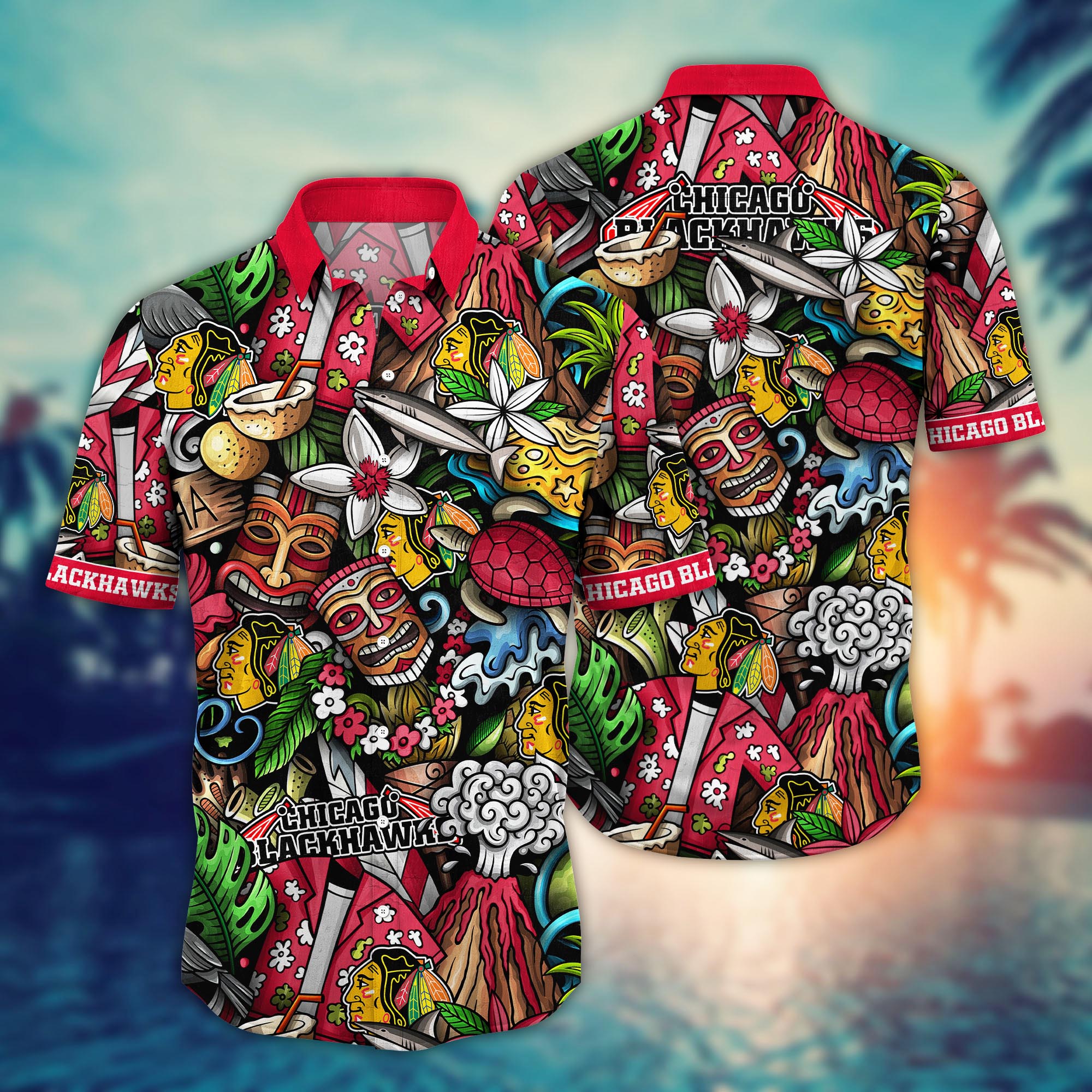 hicago Blackhawks Tiki Adventure Hawaiian Shirt