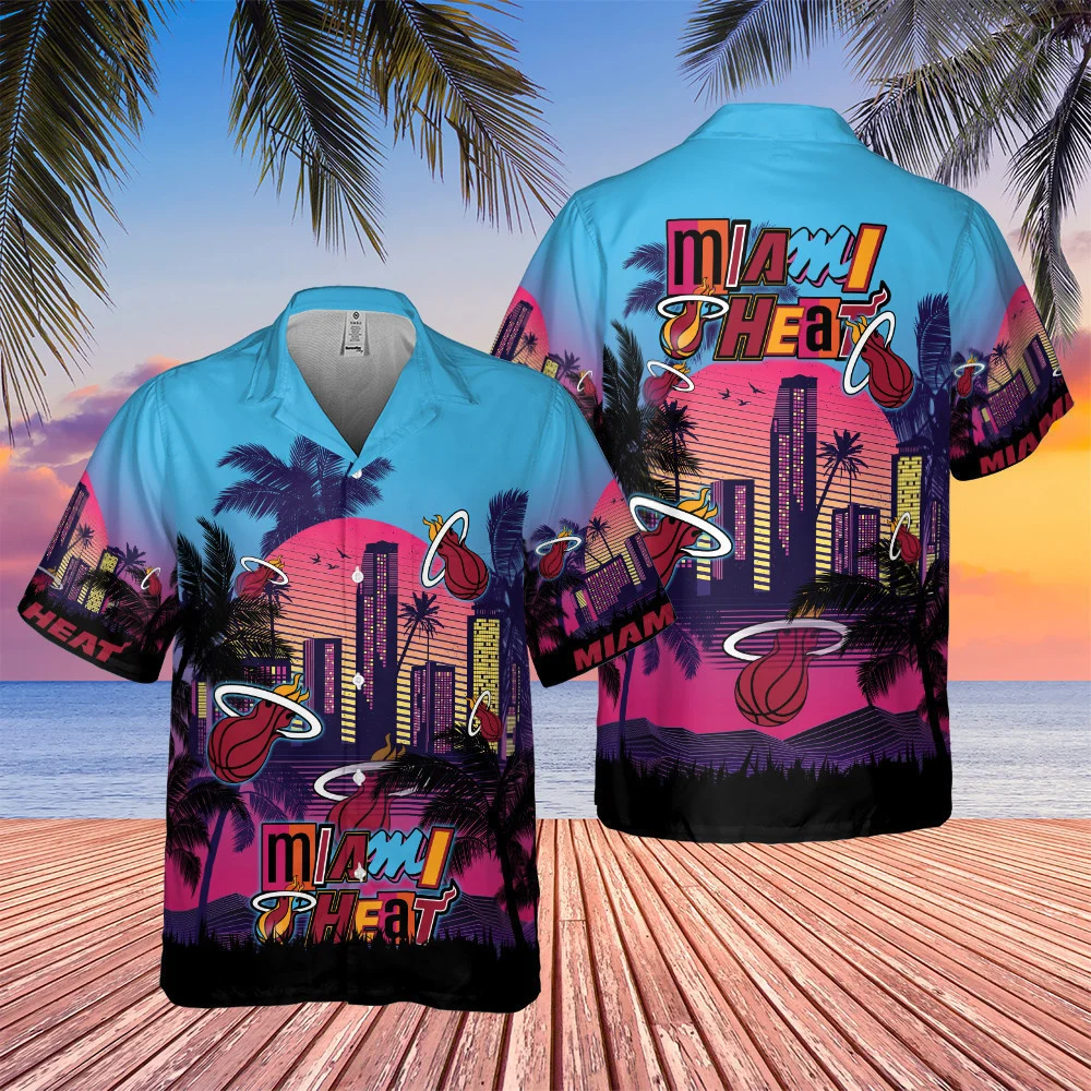 Miami Heat Neon Skyline Hawaiian Shirt