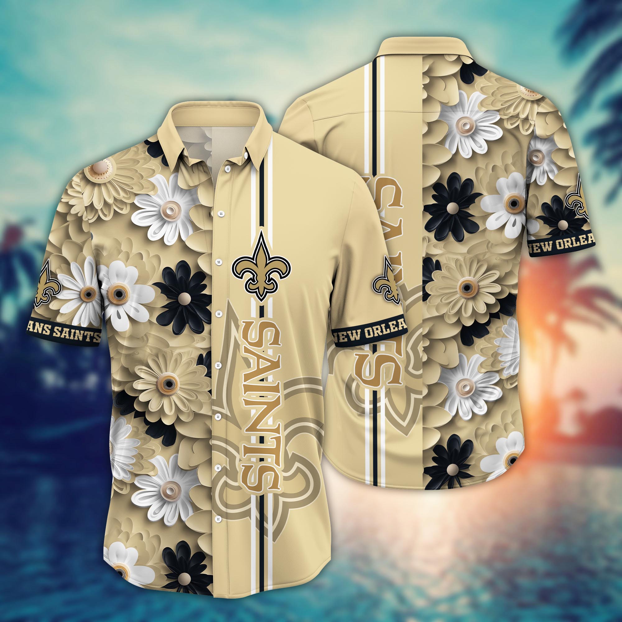 New Orleans Saints Golden Petal Stripe Hawaiian Shirt