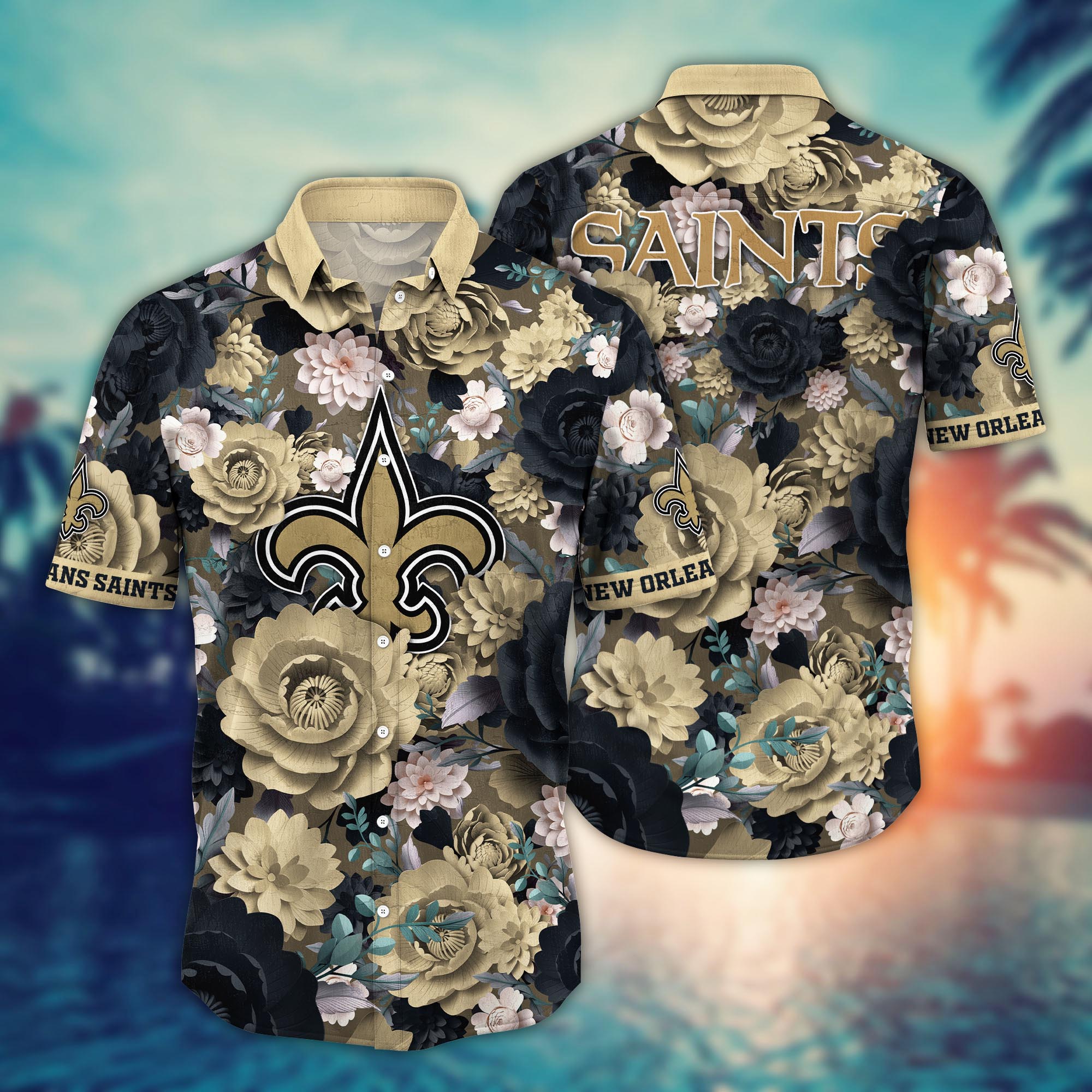 New Orleans Saints Noir Bloom Hawaiian Shirt