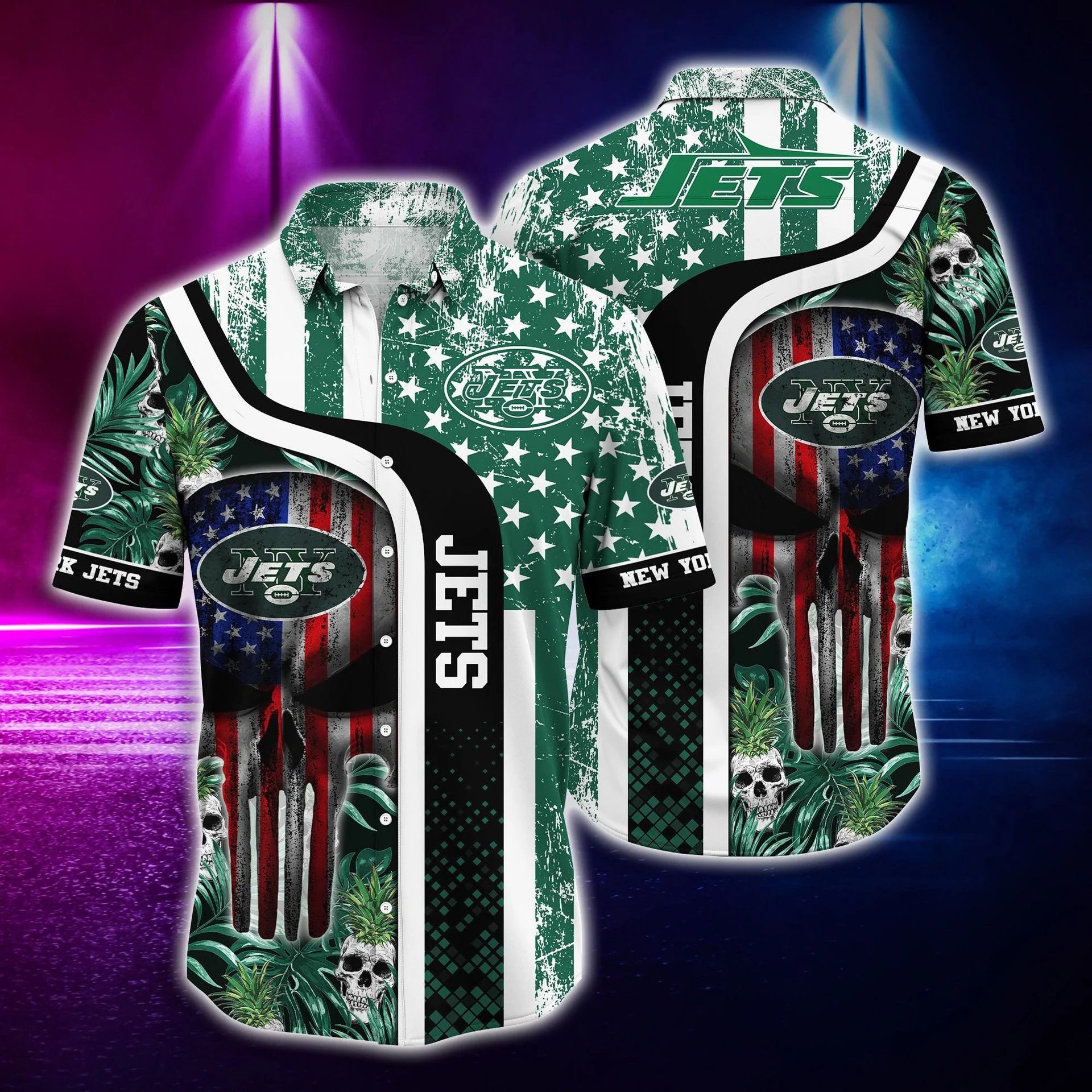 New York Jets Stars and Skulls Hawaiian Shirt