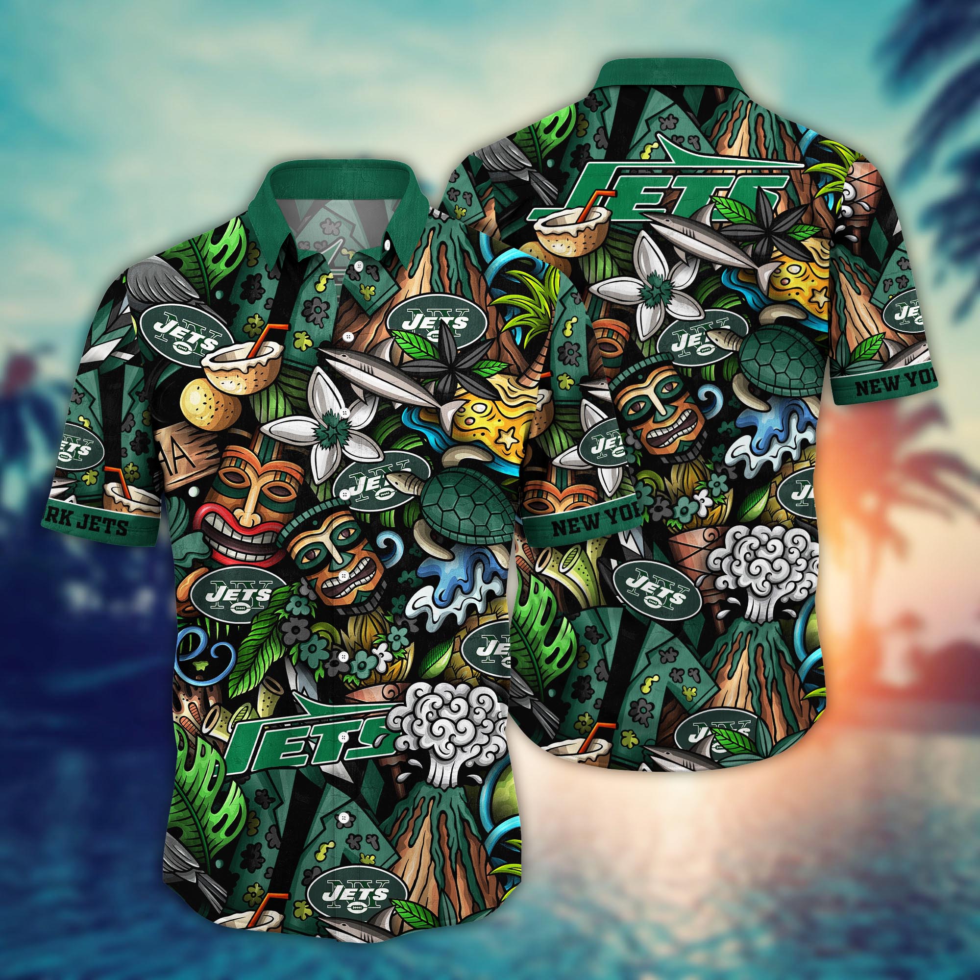 New York Jets Tiki Island Hawaiian Shirt