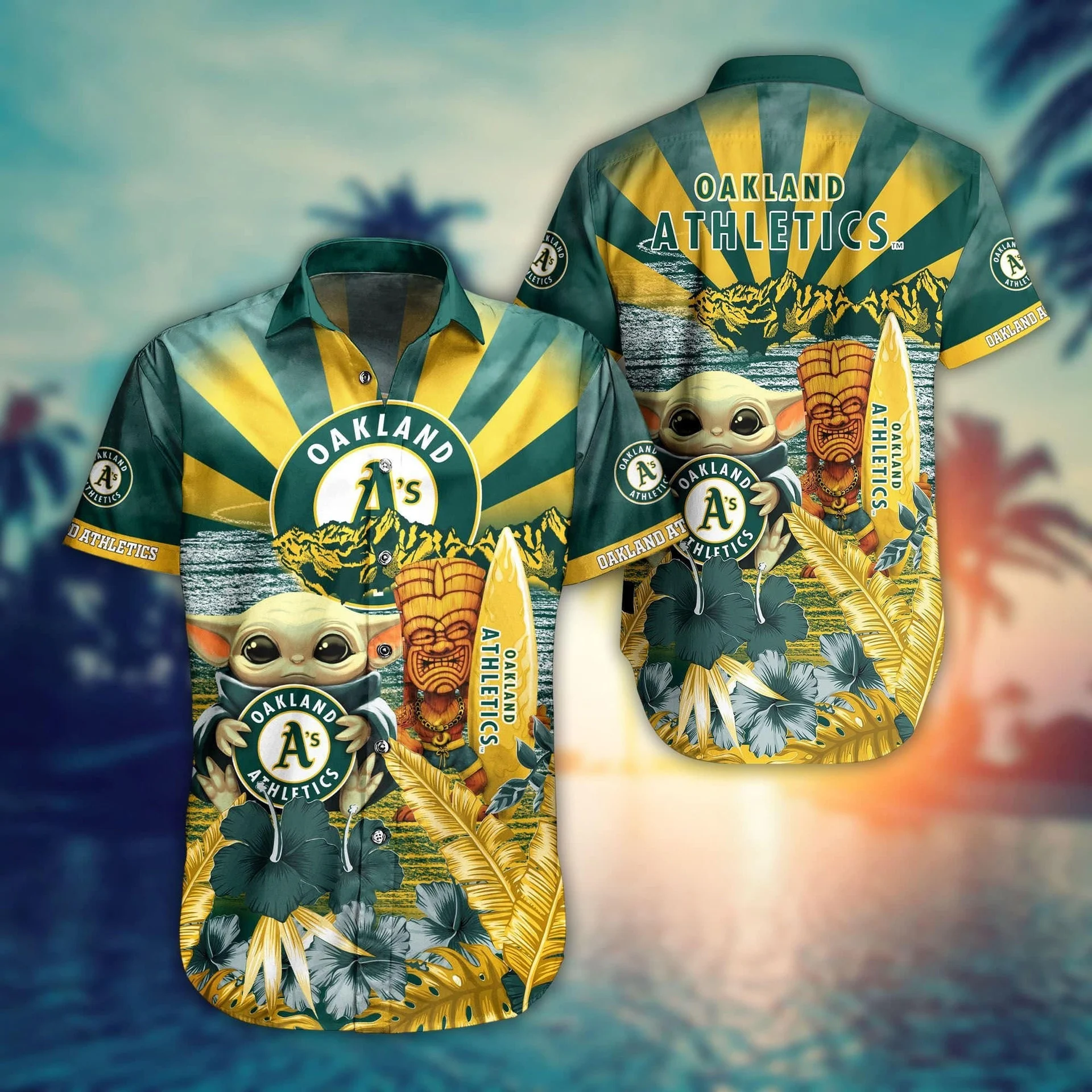 Oakland Athletics Tiki Baby Yoda Hawaiian Shirt