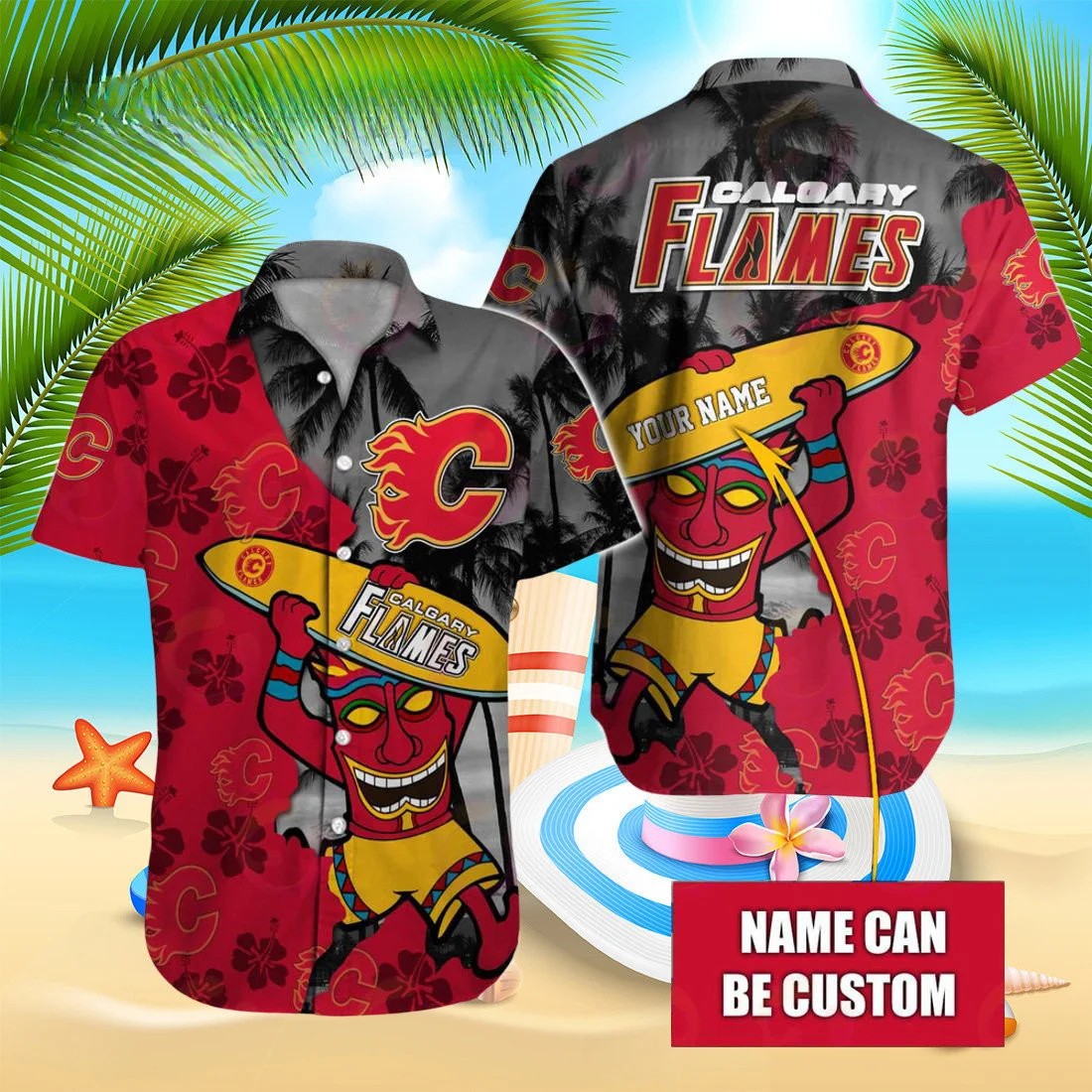 Personalized Calgary Flames Tiki Surf Hawaiian Shirt