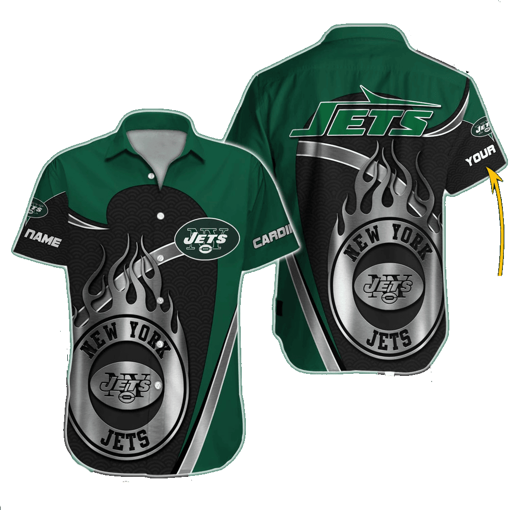 Personalized New York Jets Flame Gridiron Hawaiian Shirt