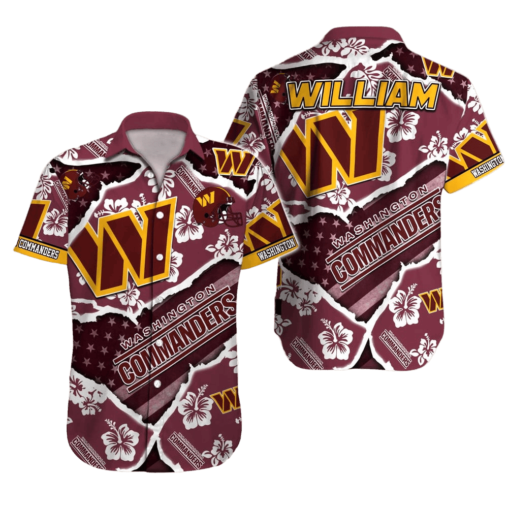 Personalized Washington Commanders Bold Hibiscus Hawaiian Shirt