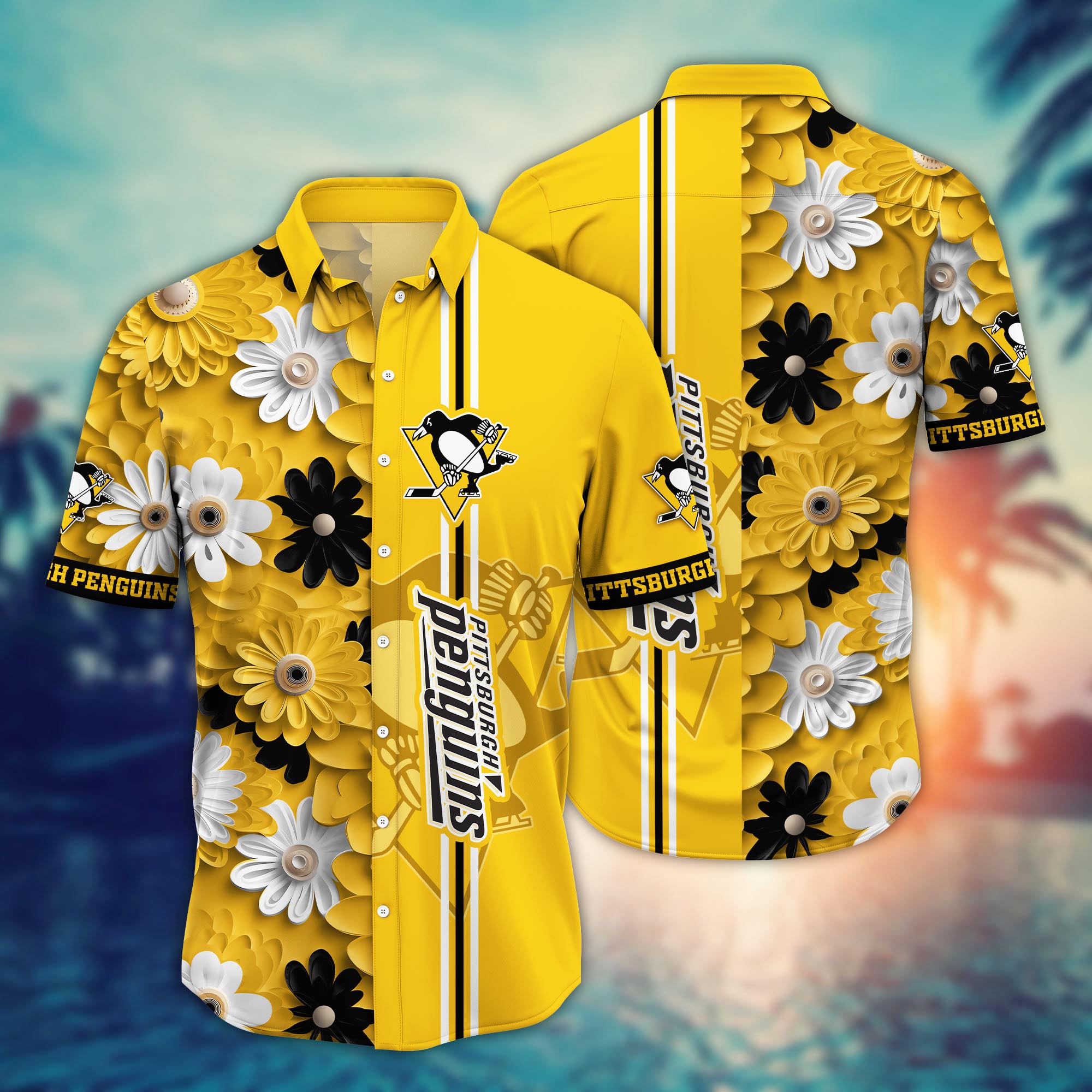 Pittsburgh Penguins Golden Stripe Floral Hawaiian Shirt
