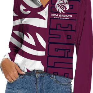 Manly Warringah Sea Eagles Women’s Long Sleeve Shirt Slub Linen Personalized Gift For Footy fans v4
