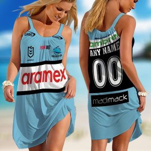 Personalized NRL Cronulla-Sutherland Sharks 2024 Home Kits Sleeveless Summer Beach Sundress for Women