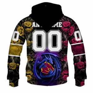 NRL Brisbane Broncos Custom Name Number Rose Dragon Pullover Hoodie Back