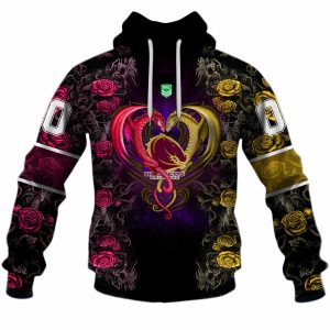 NRL Brisbane Broncos Custom Name Number Rose Dragon Pullover Hoodie Front