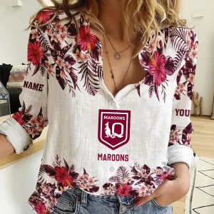 Queensland Maroons Women’s Long Sleeve Shirt Slub Linen Personalized Gift For Footy fans