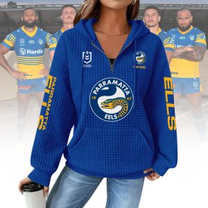 NRL Parramatta Eels Woman Waffle Knit Quarter Zip Hooded Sweatshirt – Casual Solid Long Sleeve Pullover Hoodie with Zipper 012