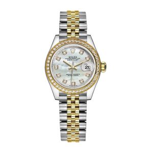 rolex datejust 28mm 279383rbr yellow gold steel automatic mother pearl diamond dial