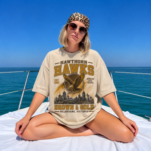 Vintage Hawthorn Hawks Brown and gold graphic tshirt for footy fans
